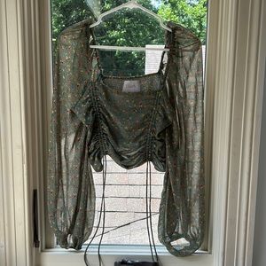 Sheer long sleeved green floral top